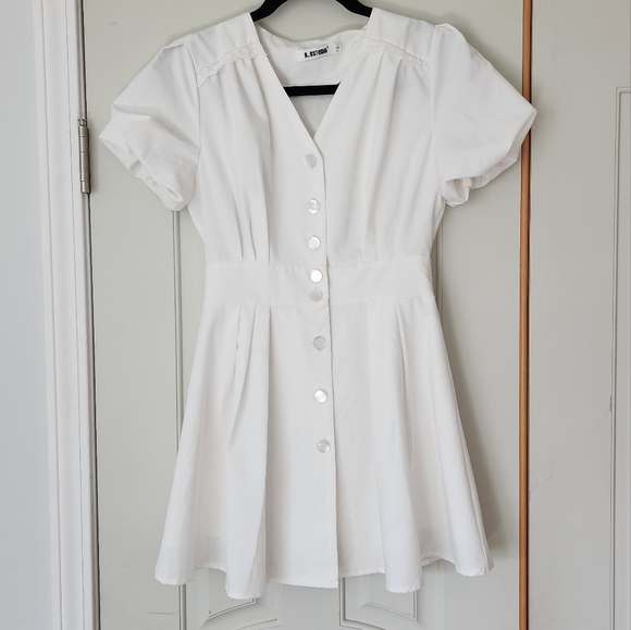 B.BStudio White A-Line Lace Detail Puff Sleeve Mini Dress S - Picture 3 of 10